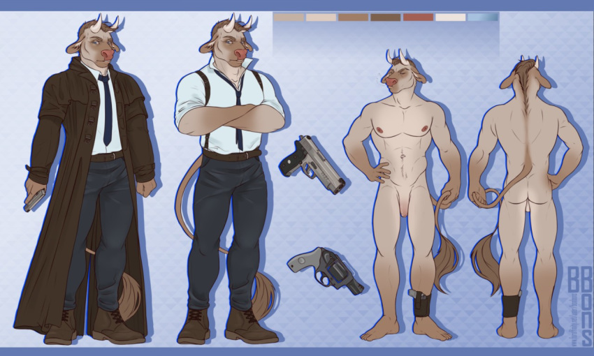 1boy 2019 abs anthro barefoot belt biped blue_background blue_eyes bonbons bovid bovine brown_eyebrows brown_hair cattle clothed clothing color_swatch eyebrows flaccid footwear fully_clothed fur grey_fur grey_tail gun hair hand_on_hip handgun holden_(hurst) holding_object holding_tail holding_weapon horn humanoid_penis male mammal model_sheet muscular muscular_male necktie nipples nude pants pecs penis pistol plantigrade ranged_weapon revolver shoes short_hair simple_background solo standing tail_tuft trenchcoat tuft weapon white_clothing white_horn white_shirt white_topwear