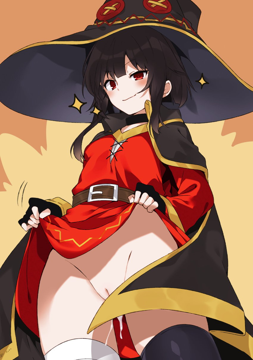 after_sex black_hair blush cape cum dress female fingerless_gloves gloves hat highres kono_subarashii_sekai_ni_shukufuku_wo! looking_at_viewer megumin mishima_kurone nude_filter open_mouth pussy red_eyes short_hair skirt skirt_lift smile solo thighhighs third-party_edit underwear witch_hat