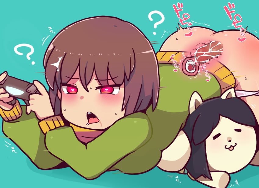 1girls ahe_gao ass blush brown_hair chara clothed_rape clothing cross_section cum cum_in_pussy cum_in_uterus cum_inside distracted female from_behind goodbad963 green_shirt heart-shaped_pupils ignoring impregnation male open_mouth panties panties_down penetration penis playing_videogame ps4_controller rape red_eyes shirt short_hair spread_legs temmie tongue tongue_out undertale uterus vaginal_penetration white_panties womb x-ray