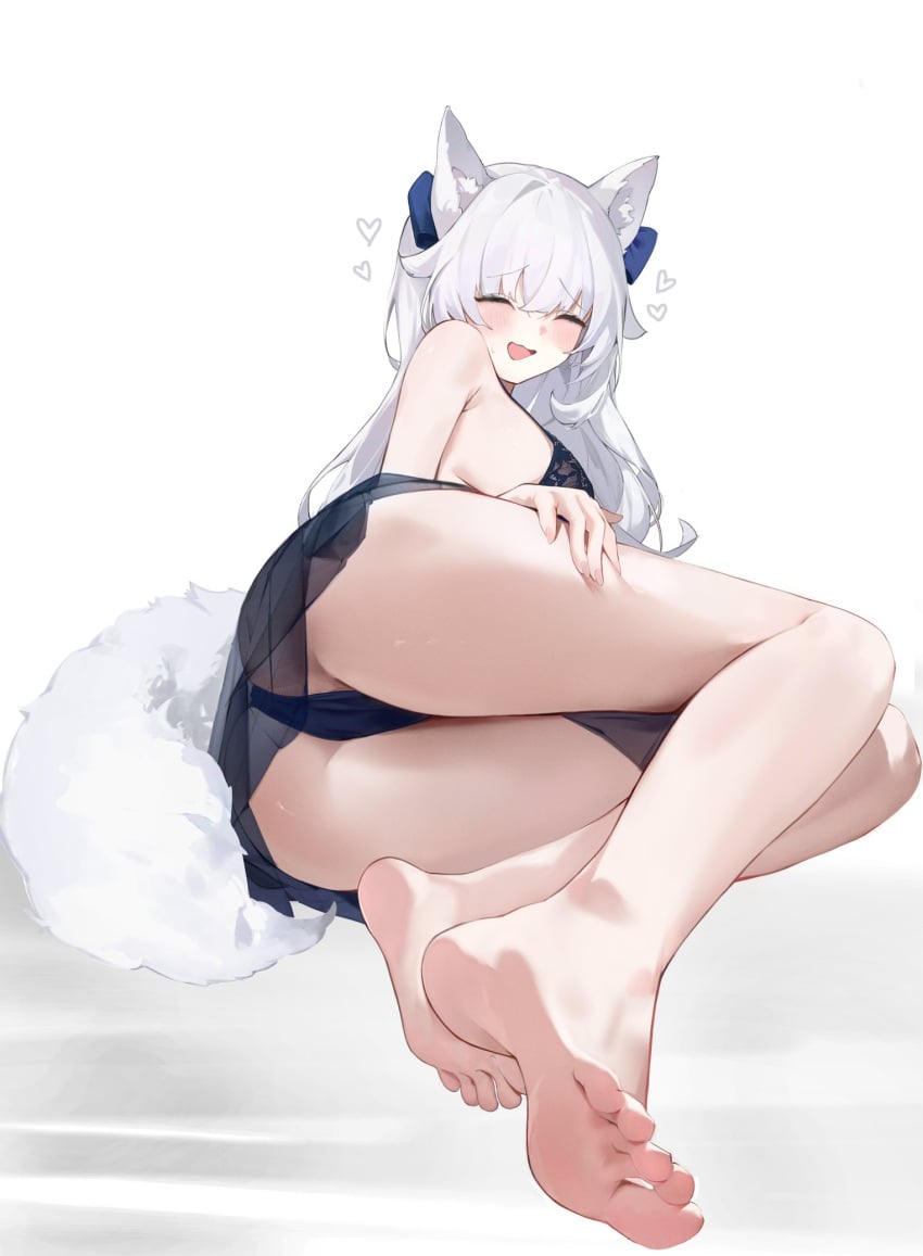 ass_focus astraline bare_ass bare_legs bare_shoulders bare_thighs barefoot blue_bow blush blushing_at_viewer blushing_female bow_ribbon butt_focus closed_eyes embarrassed embarrassed_expression embarrassed_female embarrassed_smile exposed_ass exposed_shoulders feet feet_focus flushed flushed_face hair_ornament hair_ribbon hand_on_thigh heart_symbol hearts_around_head holding_own_leg holding_thigh iroha127521 large_ass lingerie lingerie_only looking_at_viewer looking_back looking_over_eyewear lumi_(merryweather) lying lying_down shadow simple_background smile smile_at_viewer smiling smiling_at_viewer thigh_squish thong virtual_youtuber vtuber vtuberfanart white_background white_fur white_hair wolf_ears wolf_girl wolf_humanoid wolf_tail