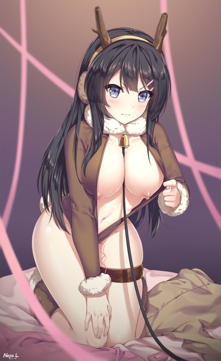 1girls antlers artist_name bangs bare_chest bare_legs bed bell bell_collar between_breasts black_hair blue_eyes blush boots breasts brown_jacket collar commentary_request earmuffs egg_vibrator female fur-trimmed_collar fur-trimmed_sleeves fur_trim hair_ornament hand_on_own_knee highres jacket jacket_pull kneeling large_breasts leash long_hair long_sleeves navel neps-l nipples object_insertion on_bed reindeer_antlers reindeer_tail sakurajima_mai seishun_buta_yarou_wa_bunny_girl_senpai_no_yume_wo_minai shirt shirt_removed solo tail v-shaped_eyebrows vibrator vibrator_under_clothes white_bed_sheet