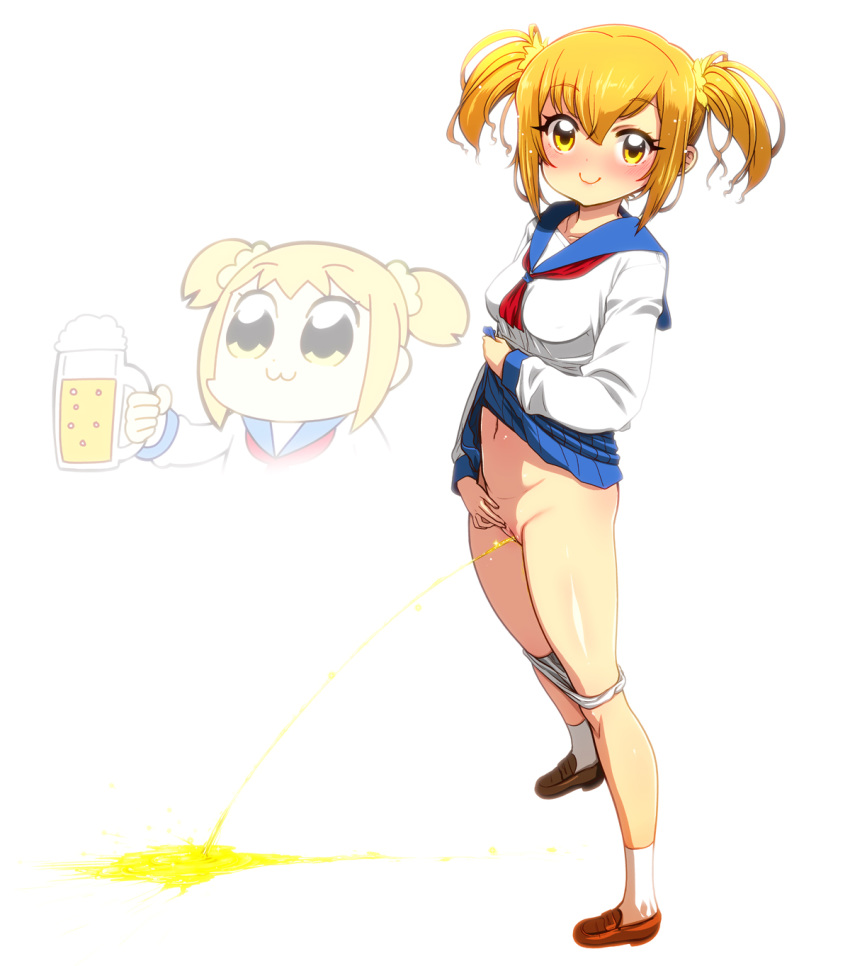 10s 2girls :3 alcohol beer beer_mug blonde_hair blush breasts chibi chibi_inset dual_persona female full_body glass hair_ornament hair_scrunchie holding innie_pussy kazumi_yoshiyuki lifted_by_self looking_at_viewer multiple_girls navel panties panty_pull peeing pop_team_epic poptepipic popuko pussy school_uniform scrunchie serafuku shirt shoes short_hair short_twintails simple_background skirt skirt_lift smile socks solo_focus standing twintails uncensored underwear white_background yellow_eyes