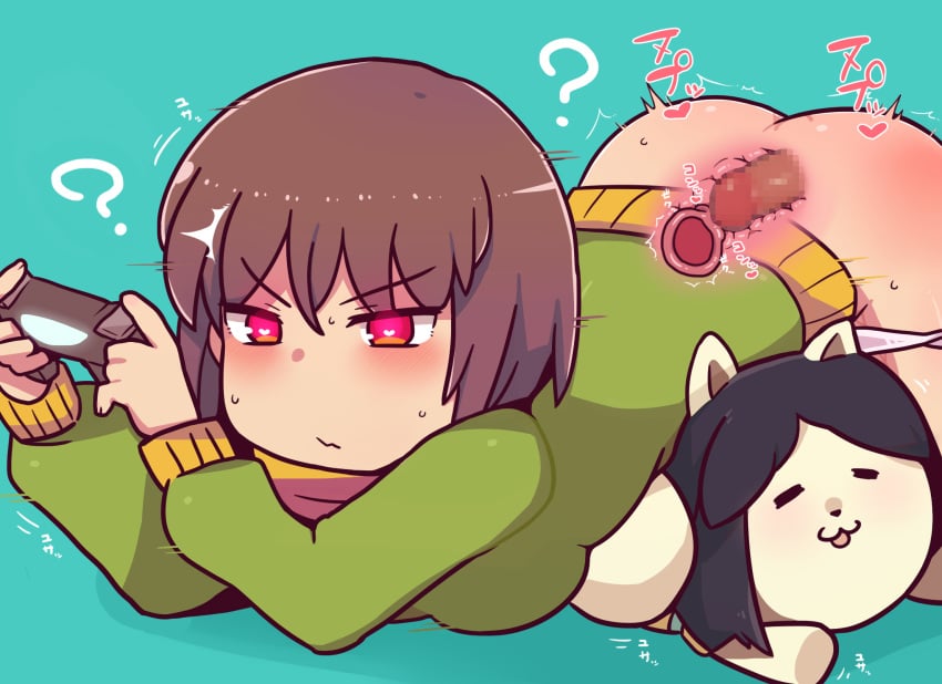 1girls ass blush brown_hair chara clothed_rape clothing cross_section distracted female from_behind goodbad963 green_shirt heart-shaped_pupils ignoring male panties panties_down penetration penis playing_videogame ps4_controller rape red_eyes shirt short_hair spread_legs temmie undertale uterus vaginal_penetration white_panties womb x-ray