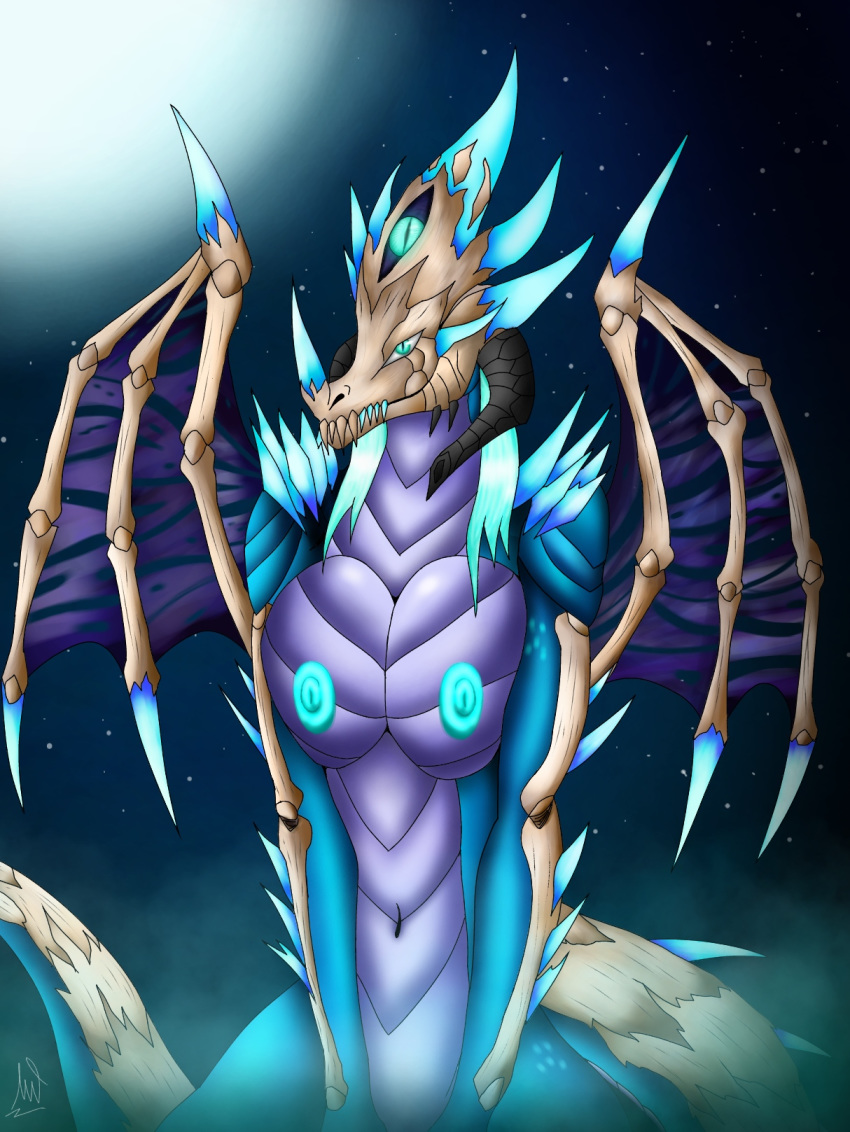 3_eyes anthro blue_eyes blue_nipples breasts dragon female horn mrundead multi_eye navel nipples sharp_teeth sky solo star teeth wings