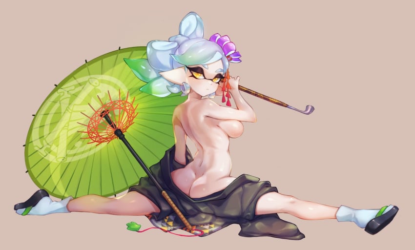 +_+ 1girls ass back backboob bare_shoulders big_breasts breasts cleavage female female_only inkling japanese_clothes jtveemo kimono kimono_down large_breasts looking_at_viewer looking_back marie_(octo_canyon) marie_(splatoon) nintendo no_bra no_panties parasol solo splatoon splatoon_2 splatoon_2:_octo_canyon splits spread_legs squid_sisters symbol-shaped_pupils topless umbrella unusual_pupils yellow_eyes yellow_iris