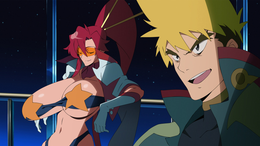 1boy 1girls alternate_breast_size bangs big_breasts breasts cleavage collarbone female gloves huge_breasts large_breasts long_breasts long_hair male midriff navel orange-tinted_eyewear orange-tinted_glasses red_hair smile space_yoko sunglasses tagme tengen_toppa_gurren_lagann tinted_eyewear visor white_gloves yoko_littner