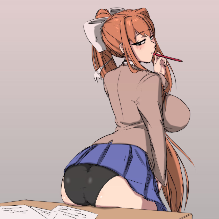 1girls bangs black_panties blue_skirt blush bow breasts desk doki_doki_literature_club edit eyebrows eyebrows_visible_through_hair eyes female female_focus female_only green_eyes hair hand_on_thigh heart_pen holding_pen kaxiota large_breasts light_brown_hair long_hair looking_at_viewer looking_back monika_(doki_doki_literature_club) nose orange_hair panties paper pen ponytail school_uniform schoolgirl skirt suggestive table thick_thighs thighs white_bow