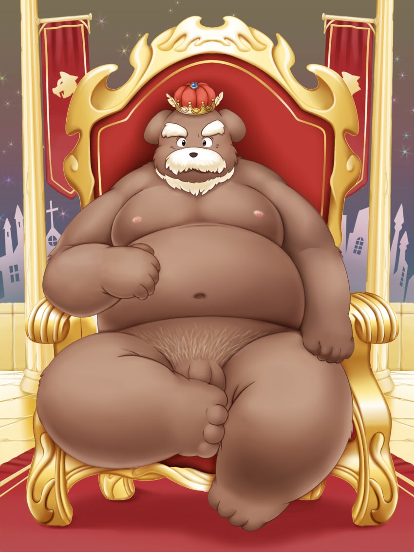 10s 2015 anthro balls belly canid canine canis crown domestic_dog flaccid humanoid_hands lako male male_only mammal moobs navel nipples overweight overweight_male penis sitting solo