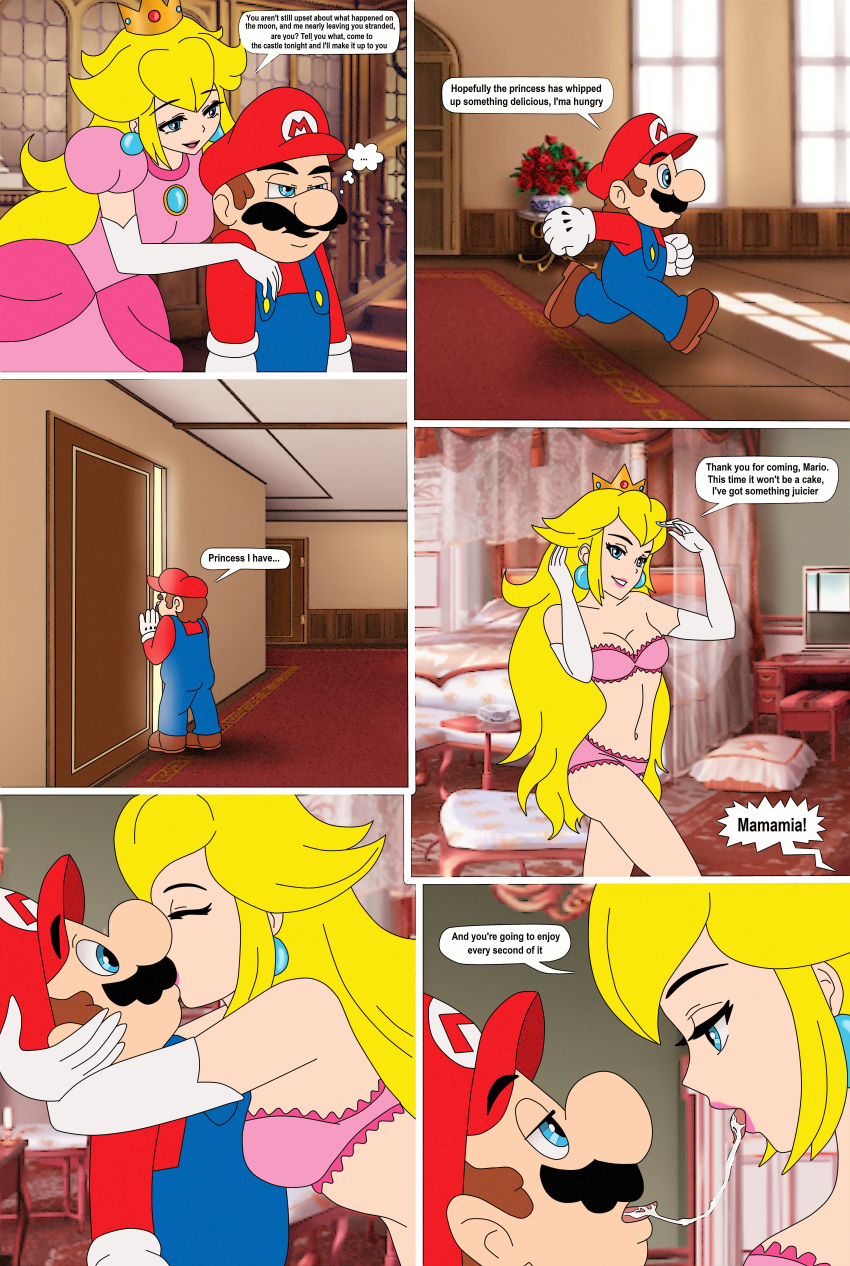 1boy 1girls artist_request blonde_hair blue_eyes comic dialogue english_text female indoors kissing lingerie long_hair makeup_sex male mario mario_(series) nintendo princess_peach saliva source_request speech_bubble text underwear