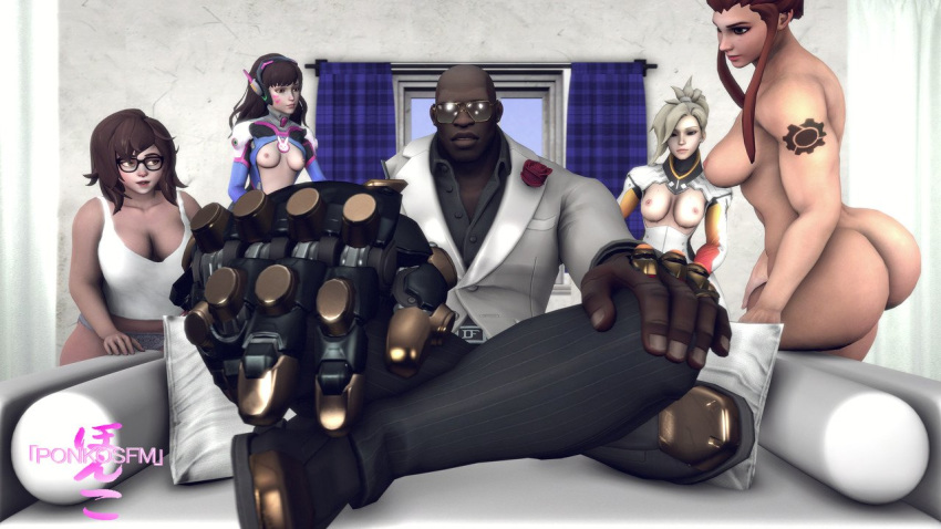 1boy 3d 4girls angela_ziegler ass breasts brigitte brigitte_lindholm bubble_butt butt d.va dark-skinned_male dark_skin doomfist female formal_doomfist glasses hana_song huge_ass huge_butt interracial large_ass male mei_(overwatch) mei_ling_zhou mercy overwatch overwatch_2 overwatch_archives pajamei ponkosfm tattoo thick_thighs wide_hips