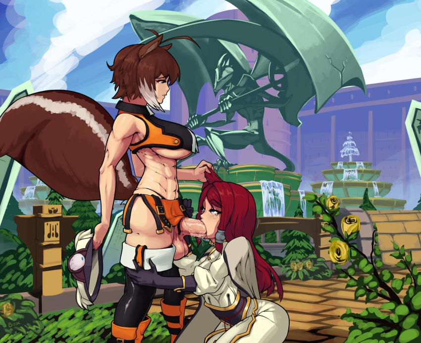 abs animal_ears armpit balls big_balls big_breasts big_penis blazblue boxman breasts brown_hair cleavage deepthroat dickgirl erection excessive_saliva fellatio female futa_on_female futanari hair_grab hair_pull hairless_balls half-closed_eyes hips intersex kneeling large_breasts large_penis makoto_nanaya muscular_futanari oral penis perky_breasts red_hair saliva sideboob testicles tongue_out tsubaki_yayoi underboob