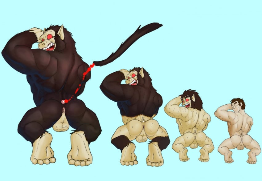 anthro_to_human ape ass balls blood dragon_ball fangs feet fur fur_growth haplorhine macro male male_only mammal monkey monkey_boy monkey_feet nude oozaru prehensile_feet primate red_eyes seyrmo shocked simple_background snout_growth solo tail_removed transformation