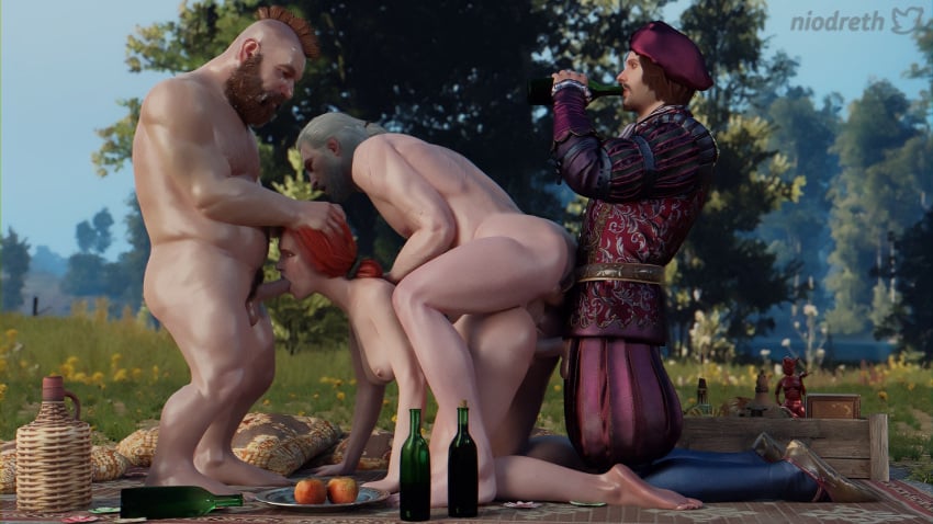 1girls 3boys 3d airtight all_fours all_three_filled anal anal_sex areolae ass balls barefoot breasts cd_projekt_red doggy_style double_penetration dwarf fellatio female foursome geralt_of_rivia hand_on_head jaskier_(the_witcher) niodreth nipples oral_penetration penis penis_in_mouth penis_in_pussy red_hair spitroast the_witcher the_witcher_(series) the_witcher_2 the_witcher_3:_wild_hunt triss_merigold vaginal_penetration zoltan_chivay