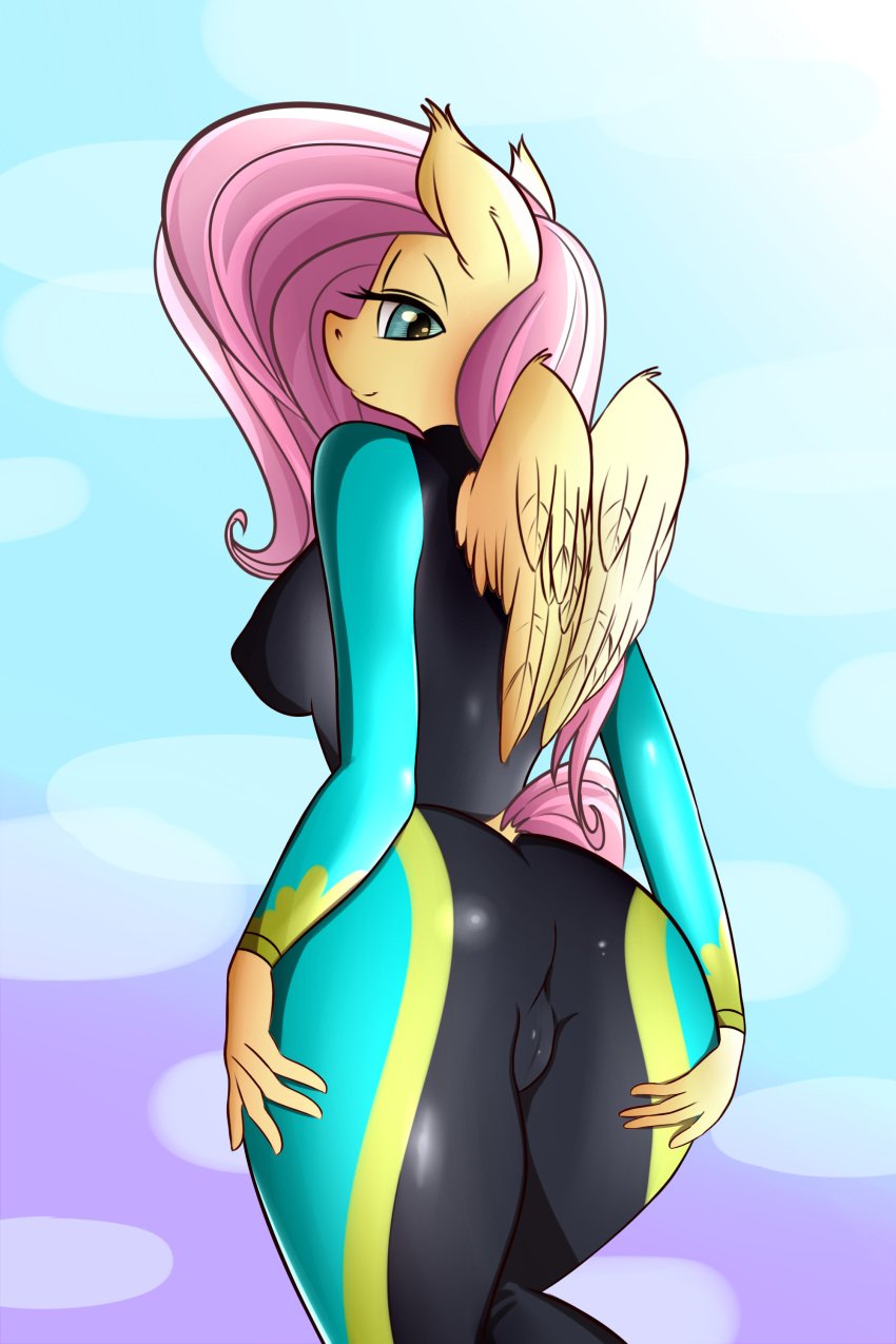 2018 absurd_res anthro ass bedroom_eyes cameltoe clothing equestria_girls equine eyelashes feathered_wings feathers female fluttershy_(mlp) friendship_is_magic gradient_background hair half-closed_eyes hand_on_hip hi_res huckser looking_at_viewer looking_back mammal my_little_pony nipple_bulge pegasus pink_hair pokies portrait pose presenting presenting_hindquarters raised_tail rear_view seductive simple_background smile solo standing straight_hair swimsuit thick_thighs three-quarter_portrait wetsuit wings yellow_feathers