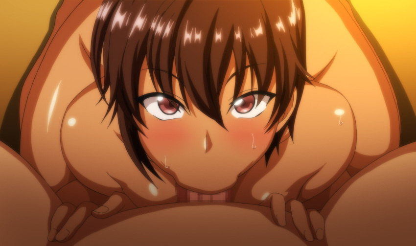 1boy 1girls :>= all_the_way_to_the_base anime_screencap ass breasts brown_eyes brown_hair brunette bunnywalker censored dark-skinned_female dark_skin deepthroat eye_contact fellatio female fujima_nagisa hentai looking_at_viewer male_pov naughty_face nude oral ova pov saimin_seishidou screencap short_hair sweat t-rex_(animation_studio) teenage_girl teenager