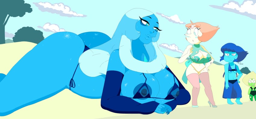 2019 4girls alien annoyed ass big_ass big_breasts big_thighs bikini blue_diamond_(steven_universe) blue_eyes blue_hair blue_skin blushing breast_envy breasts cartoon_network cleavage_cutout competition curvaceous curvy diamond_authority exposed_breasts female female_only gem_(species) giant giantess green_skin hoshime lapis_lazuli_(steven_universe) long_hair multiple_girls nipples outdoors pearl_(steven_universe) peridot_(steven_universe) short_hair size_comparison steven_universe thighhigh_stockings thighhighs thong torn_clothes white_hair white_skin wide_hips