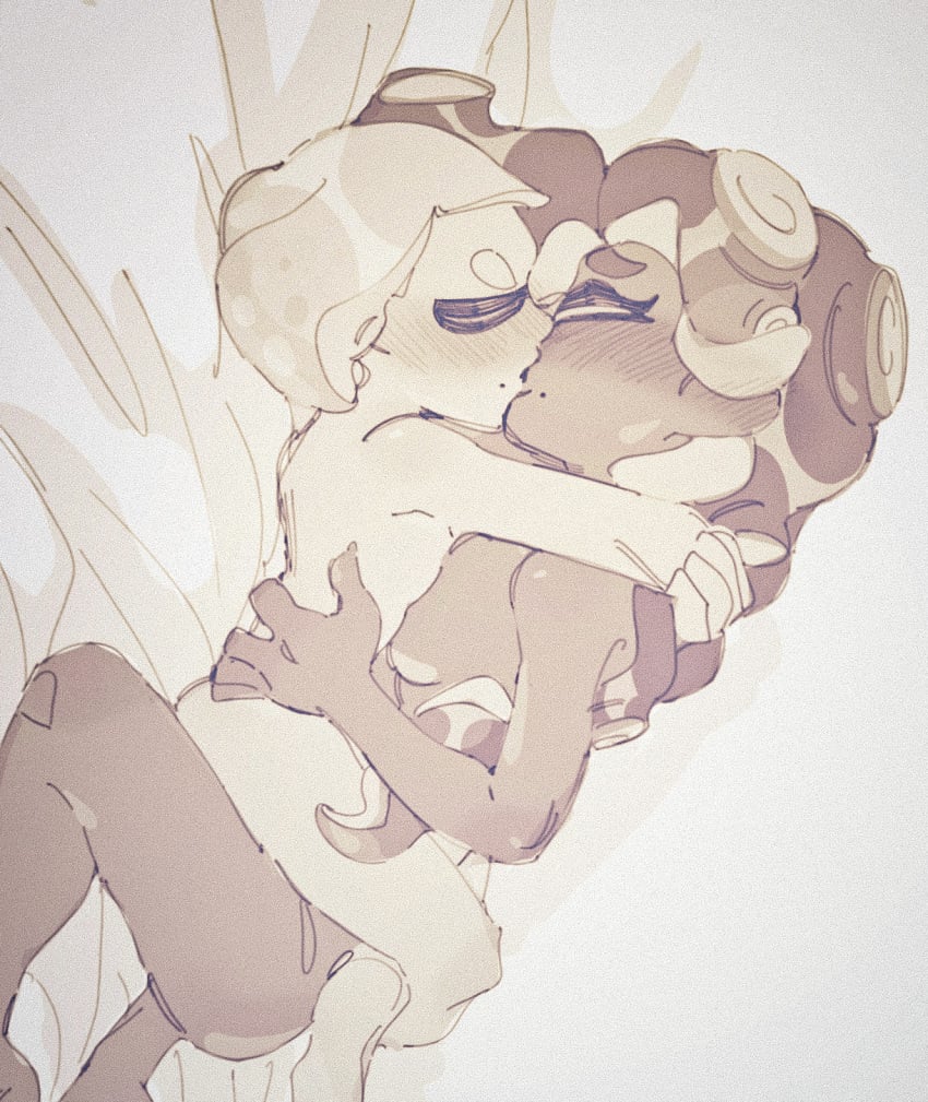 2019 animal_humanoid beauty_mark blush breast_squish breasts breasts_frottage cephalopod cephalopod_humanoid closed_eyes dark_skin duo embrace female greyscale hi_res high-angle_view hug humanoid humanoid_on_humanoid inkling kissing lying marina_(splatoon) marine marine_humanoid mollusk mollusk_humanoid monochrome nimae04 nintendo nude octoling off_the_hook_(splatoon) on_side pearl_(splatoon) pointy_ears romantic side_boob splatoon tentacle tentacle_hair video_games wholesome yuri