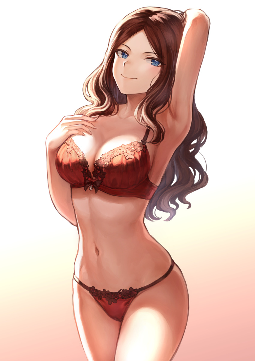 1girls arm_up armpit armpits blue_eyes bow_bra bow_lingerie bra breasts brown_eyebrows brown_eyelashes brown_hair brunette cameltoe cleavage closed_mouth eyebrows eyebrows_visible_through_hair eyelashes eyelashes_visible_through_hair eyes fate/grand_order fate_(series) female female_only g-string gradient_background half-closed_eyes large_breasts leonardo_da_vinci_(fate) leonardo_da_vinci_(fate/grand_order) light-skinned_female lingerie long_hair mage mashu_003 navel open_eyes panties pinup red_bra red_g-string red_lingerie red_panties seductive seductive_look seductive_smile smile solo standing thighs thighs_together thin_waist underwear