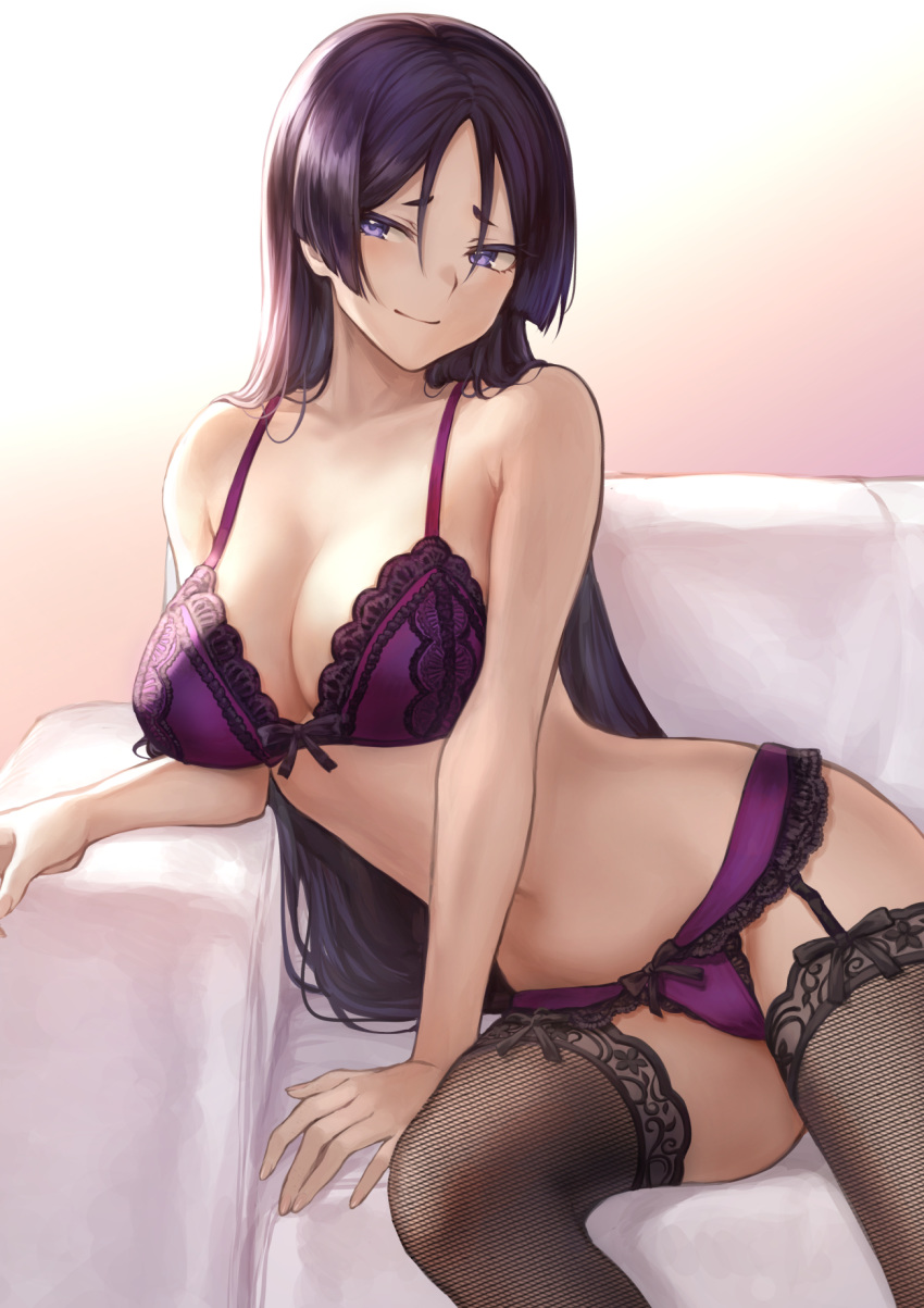 bra breasts cleavage couch fate/grand_order fate_(series) female fishnet_stockings fishnets garter_straps lingerie long_hair mashu_003 minamoto_no_raikou_(fate/grand_order) panties thighhighs underwear