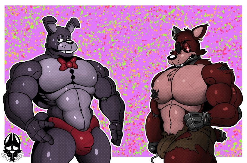 1boy 2021 abs angry animatronic anthro barazoku biceps big_bulge big_pecs black_eyes black_nose black_sclera bonnie_(fnaf) border bottomwear bow_tie bulge canid canine chest_tuft clothed clothing dogmanart duo ear_piercing ear_ring endoskeleton exposed_endoskeleton eye_patch eyewear fangs five_nights_at_freddy's fox foxy_(fnaf) fur glowing glowing_eyes green_background hair half-closed_eyes hi_res hook hook_hand lagomorph leporid long_ears looking_at_viewer machine male male_only mammal manly metal metal_hand metallic metallic_hands multicolored_body multicolored_fur muscular narrowed_eyes navel notched_tail orange_background pecs piercing pink_body pink_fur pirate presenting_bulge purple_background purple_body rabbit red_background red_body red_eyes red_fur red_hair red_tail robot robotic_hand sharp_teeth short_hair shorts simple_background smile speedo standing swimwear teeth thick_thighs topless topless_male torn_body torn_clothing triceps tuft two_tone_body video_games white_border