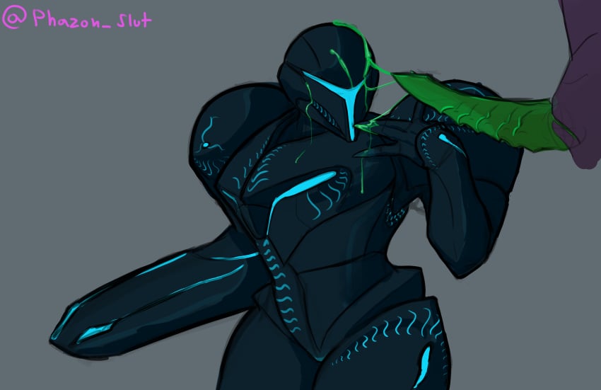 1boy 1girls alien alien_genitalia arm_cannon armor armored_dark_samus blue_skin cum cum_on_face cum_on_hand dark_samus facial female green_cum green_penis gun helmet_with_visor interspecies long_penis metroid metroid_prime nintendo penis phazon_slut power_armor power_suit purple_skin scalie space_pirate space_pirate_(metroid) text thick_thighs veins visor weapon wide_hips