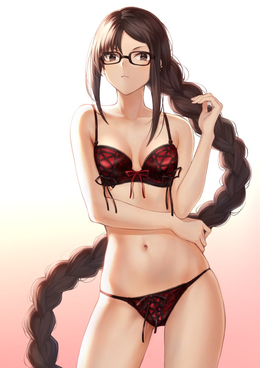 1girls black_and_red_bra black_and_red_lingerie black_and_red_panties bra braided_hair breasts breasts_apart brown_eyes brown_hair fate/grand_order fate_(series) female female_only glasses lingerie long_hair looking_at_viewer mashu_003 midriff navel panties picot_trim picot_trim_bra picot_trim_lingerie picot_trim_panties red_bra red_lingerie red_panties solo solo_focus underwear yu_mei-ren_(fate) yu_miaoyi_(fate)