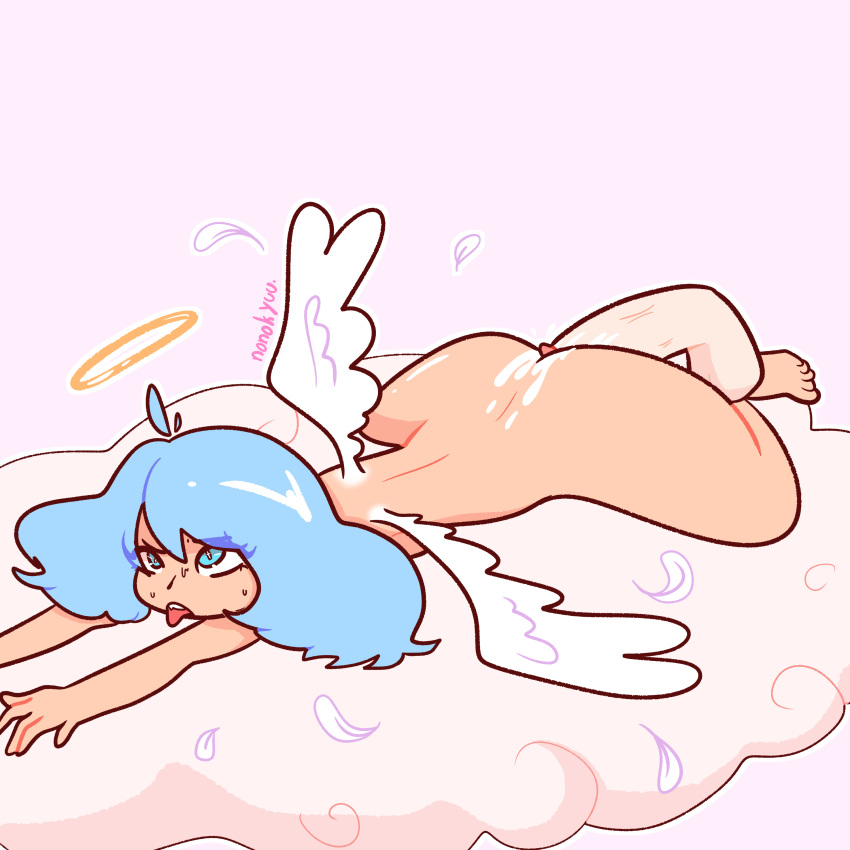 1girls anal_sex angel blue_eyes blue_hair cloud cum cum_in_ass doggy_style feathers laid_down nonokyuu penetration penis prodding simple_background tagme tongue_out veiny_penis wings