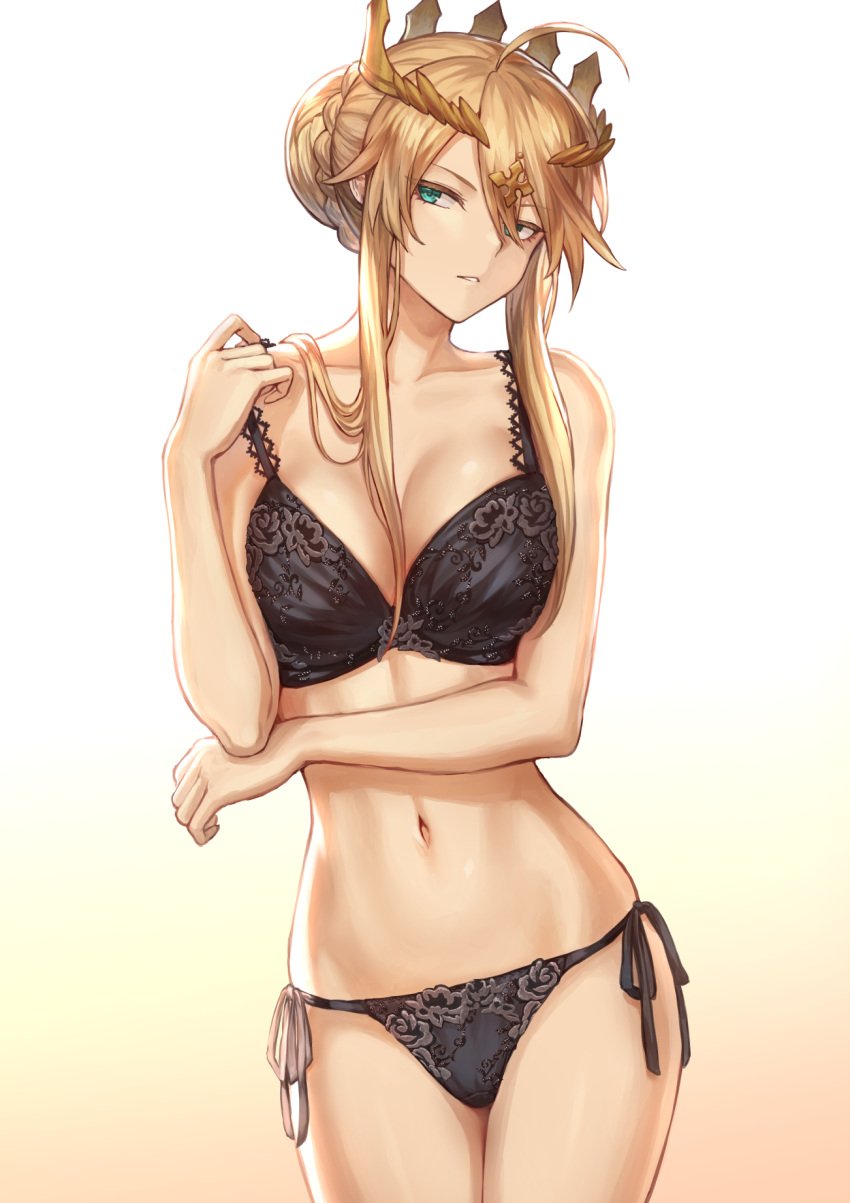 1girls artoria_pendragon artoria_pendragon_(lancer) black_bra black_lingerie black_panties blonde_hair bra breasts cleavage crown fate/grand_order fate_(series) green_eyes hourglass_figure large_breasts lingerie mashu_003 navel panties pinup side-tie_panties sidelocks standing thong underwear