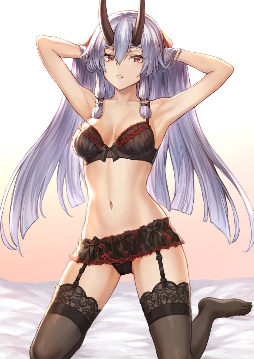 1girls black_bra black_panties blue_hair bra fate/grand_order fate_(series) female female_only garter_belt garter_straps horns lingerie long_hair looking_at_viewer mashu_003 navel on_knees panties red_eyes solo thighhighs tomoe_gozen_(fate) underwear