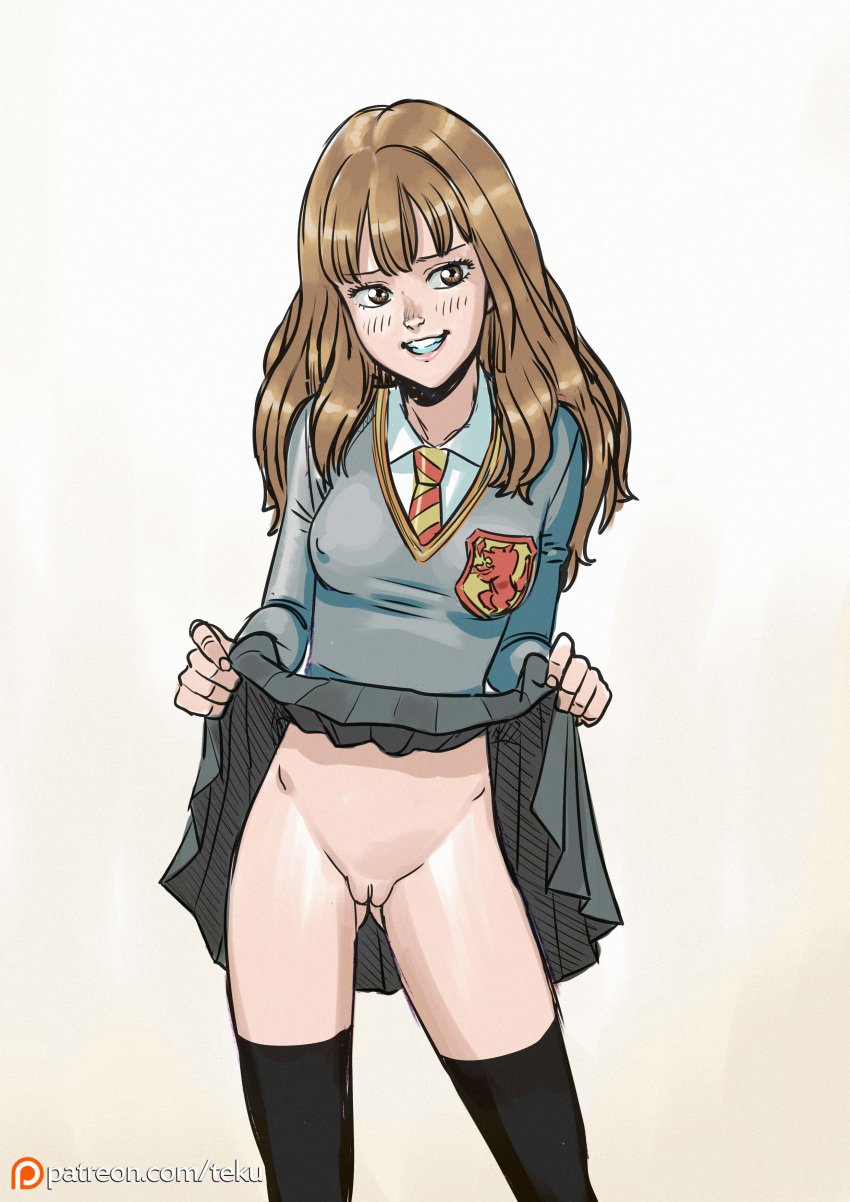 1girls black_thighhighs blush breasts brown_eyes brown_hair covered_nipples female female_only flashing flashing_pussy gryffindor gryffindor_symbol gryffindor_tie harry_potter hermione_granger nipple_bulge nipples_visible_through_clothing no_panties presenting presenting_pussy pussy skirt skirt_lift smile solo solo_female standing teenager tekuho thighhighs uniform witch_(harry_potter)