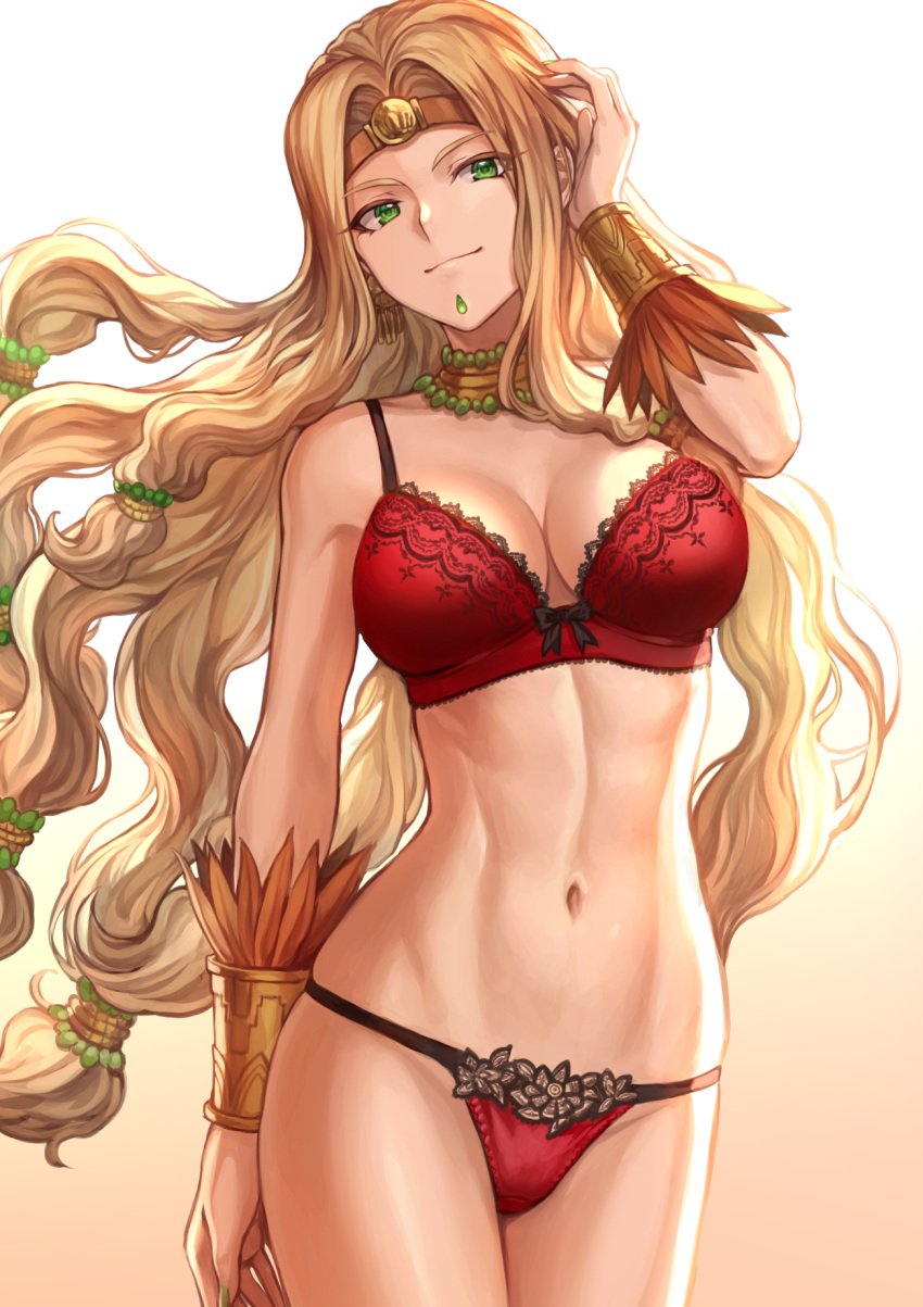 1girls armlet blonde_eyebrows blonde_eyelashes blonde_hair bow bow_bra bow_lingerie bra bracelet breasts cleavage eyebrows eyebrows_visible_through_hair eyelashes eyelashes_visible_through_hair eyes fate/grand_order fate_(series) female g-string goddess green_eyes large_breasts lingerie looking_at_viewer mashu_003 midriff navel panties picot_trim picot_trim_bra picot_trim_lingerie pinup quetzalcoatl_(fate) red_bra red_g-string red_lingerie red_panties thighs thighs_together underwear very_long_hair