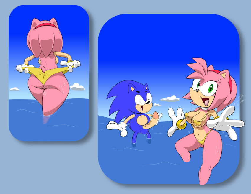 amy_rose ass big_butt bikini breasts clothing erection female panties parumpi presenting sea shocked sonic_(series) sonic_the_hedgehog splash surprise sweat swimsuit thick_thighs thong underwear water wide_hips