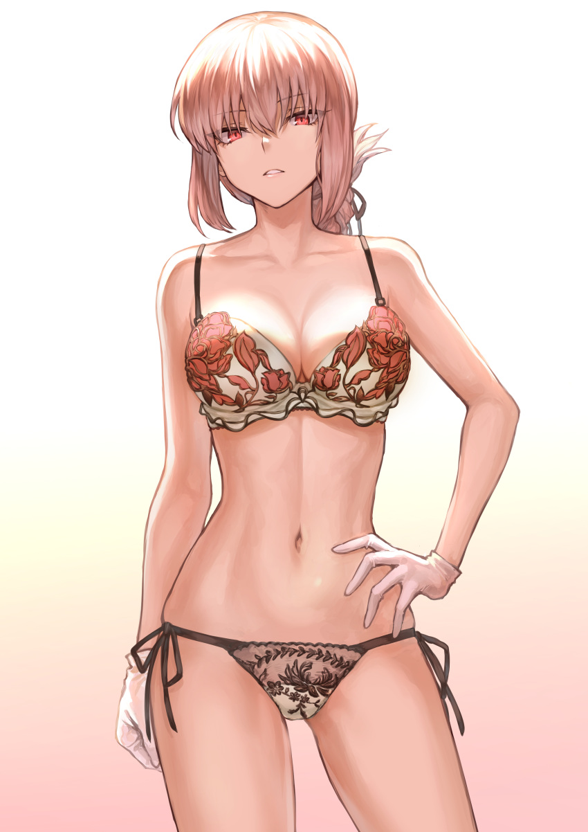 bra breasts cleavage fate/grand_order fate_(series) florence_nightingale_(fate) gloves lingerie looking_at_viewer mashu_003 panties side-tie_panties thong underwear white_lingerie