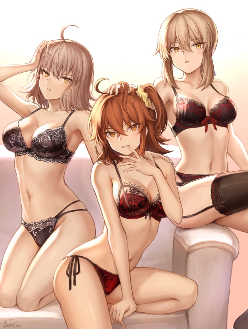 3girls artoria_pendragon artoria_pendragon_(alter) black_bra black_panties blonde_hair bra breasts brown_hair cleavage couch fate/grand_order fate_(series) female_only fujimaru_ritsuka_(female) gudako jeanne_alter jeanne_d'arc_(alter)_(fate) lingerie looking_at_viewer mashu_003 navel panties red_bra red_panties side-tie_panties sitting thighhighs underwear white_hair yellow_eyes