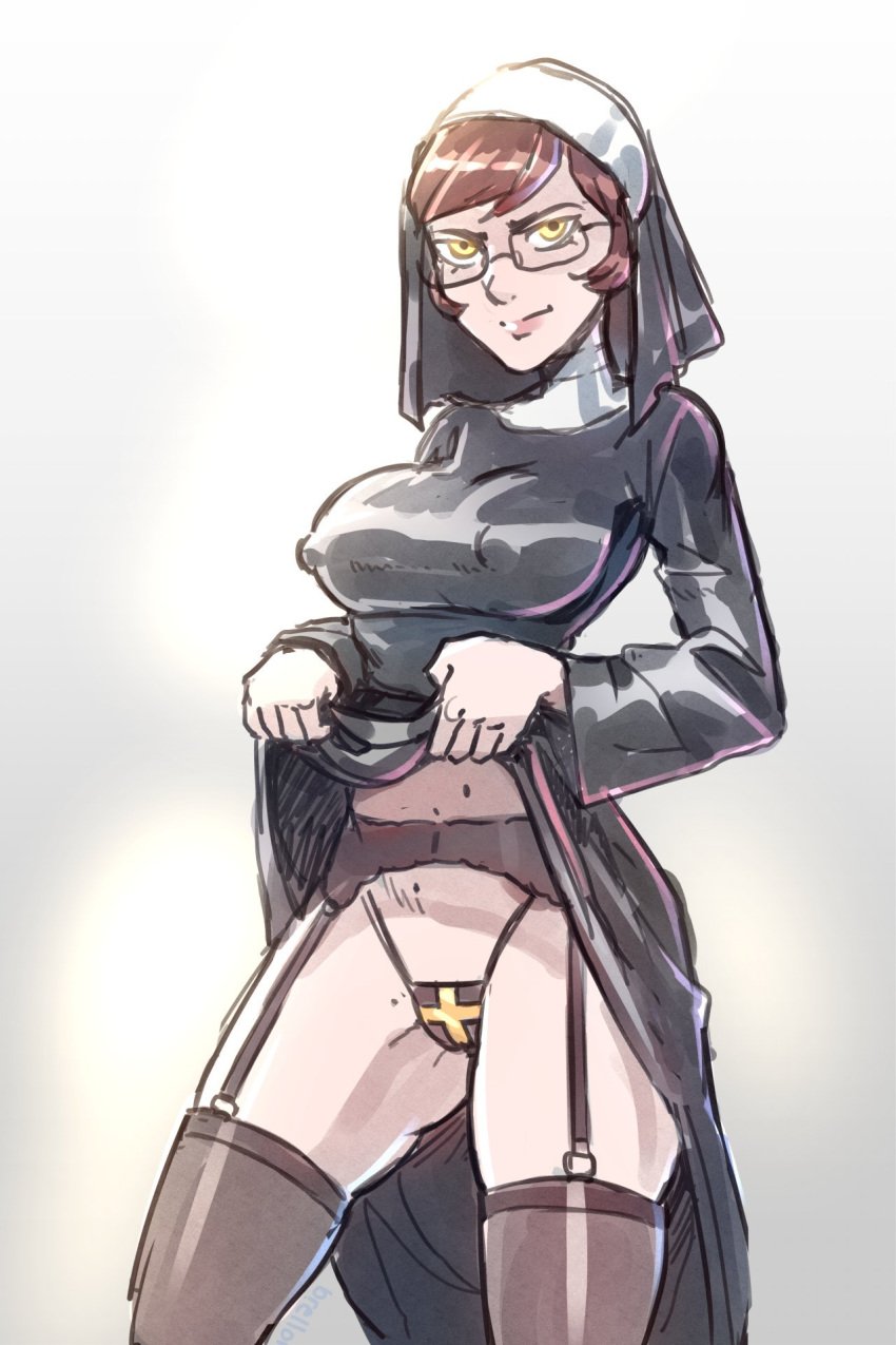 artist_self-insert breasts brellom brellom_(character) brellomascot brells brown_hair christianity erect_nipples habit looking_at_viewer nun nun's_habit panties revealing robe robe_lift self_insert thighs yellow_eyes