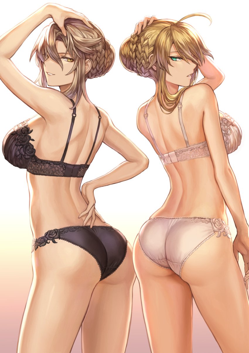 2girls aqua_eyes artoria_pendragon artoria_pendragon_(lancer) artoria_pendragon_(lancer_alter) ass ass_focus back_view black_bra black_lingerie black_panties blonde_hair bra braided_hair breasts cowboy_shot fate/grand_order fate_(series) female female_ass female_only huge_breasts lingerie looking_at_viewer mashu_003 panties smile standing thighs type-moon underwear white_bra white_lingerie white_panties yellow_eyes