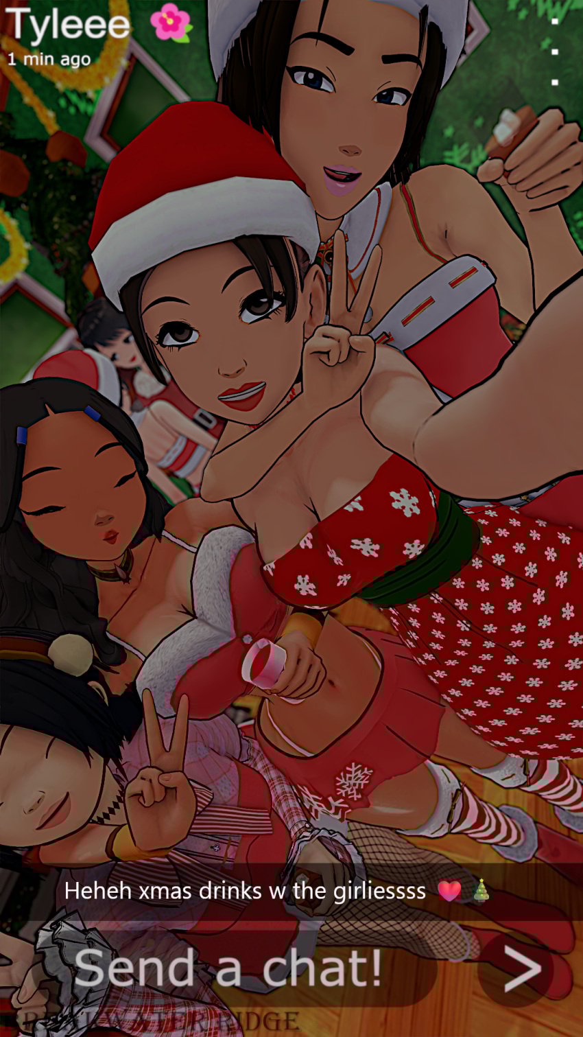 avatar_the_last_airbender breakwater_ridge christmas christmas_outfit comic dialogue dirty_talk female female_focus koikatsu recording selfie slutty_costume snapchat story taking_picture ty_lee
