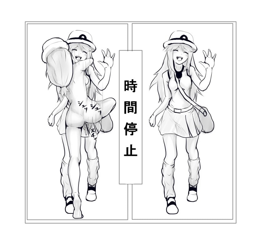 2girls anus ass bag barefoot belt between_breasts border branded breasts clenched_hand closed_eyes female from_behind frottage full_body greyscale hair_tie hand_up hat hug human human_only japanese_text kneehighs leaf_(pokemon) leg_up long_hair mal_(malmlamal) miniskirt monochrome motion_lines multiple_girls multiple_views nude open_mouth pokemon pokemon_frlg pokemon_xy pussy_juice serena_(pokemon) serena_(pokemon_games) shoes skirt small_breasts smile standing standing_on_one_leg strap_cleavage teeth tied_hair tiptoes translation_request waving wet wet_clothes yuri