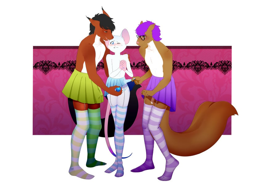 2018 animal_ears anthro blush clothed clothing crossdressing erection garter_straps glasses group hair hazel_byrne height_difference hi_res jules_callaway lapis_lutrine legwear lynx male male_only mammal mouse mouse_ears naked_skirt panties penis penis_grab pleated_skirt red_squirrel_(disambiguation) reverse_rape rodent short_skirt skirt striped_legwear striped_thighhighs thigh_highs topless transparent_background uchuuj1n underwear