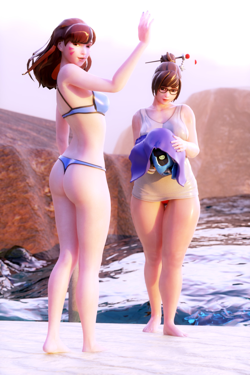 2girls 3d ass beach bikini blue_bikini breasts brown_hair d.va day duo female female_only glasses hairband legs long_hair looking_at_viewer looking_back mei_(overwatch) ocean outdoors overwatch standing swimsuit thick_thighs thong thong_bikini tied_hair water wet xeexk