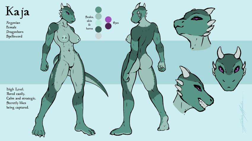 2019 4_toes abs anthro argonian athletic breasts claws dovahkiin english_text female front_view green_body green_scales h-key hi_res horn kaja_(h-key) lizard model_sheet navel nipple_piercing nipples non-mammal_breasts nude piercing pussy rear_view reptile scales scalie scar skyrim smile solo standing teeth text the_elder_scrolls toe_claws toes video_games white_horn