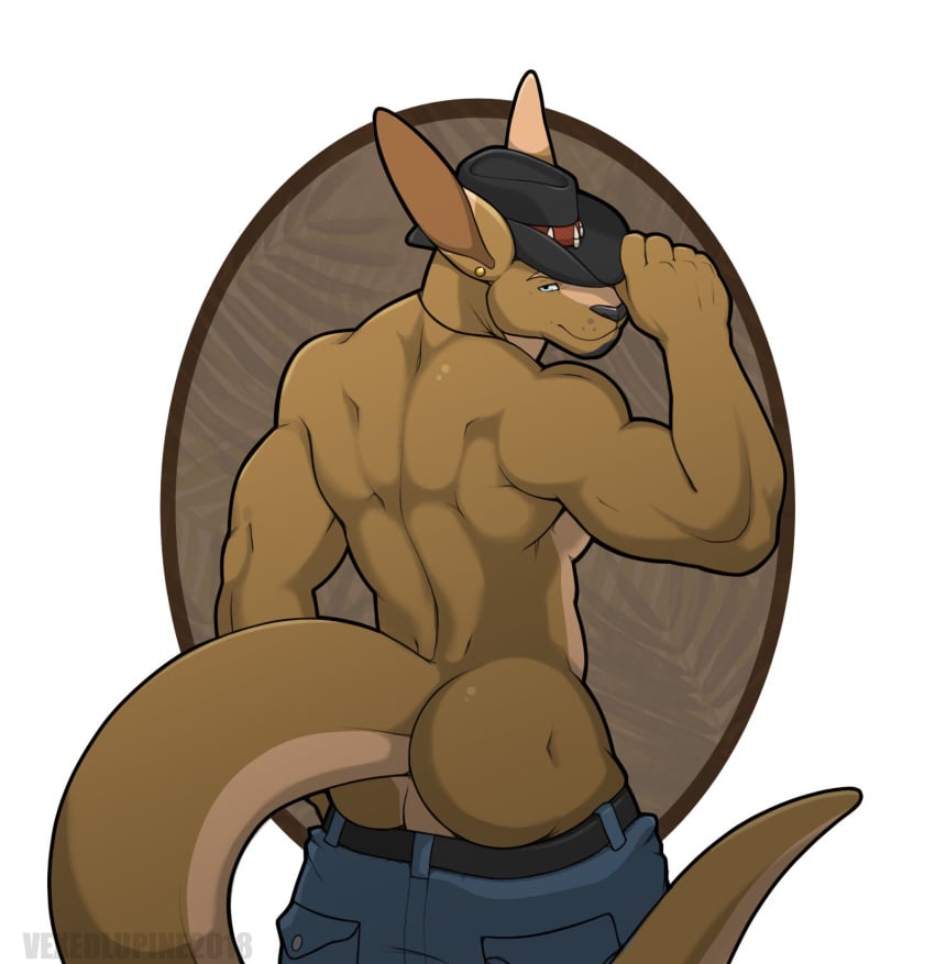 5_fingers anthro ass biceps black_nose blue_eyes brown_fur brown_tail bubble_butt clothed clothing countershade_tail countershade_torso countershading cowboy_hat dipstick_ears dissimulated ear_piercing eyebrows fur hat jeans looking_at_viewer looking_back macropod male male_only mammal marsupial multicolored_fur pants perineum piercing rear_view solo standing tan_countershading tan_fur tan_tail topless two_tone_fur two_tone_tail