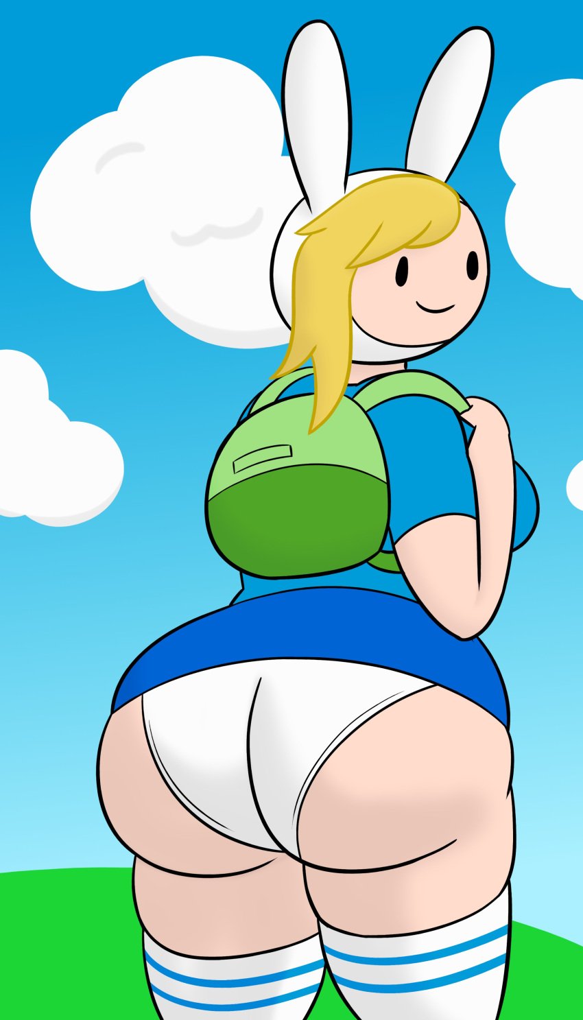 1girls 2021 adventure_time ass back_view backpack bag big_ass black_pupils blonde_hair blue_shirt blue_sky bunny_ears cartoon_network casual clouds fat_ass female fionna_the_human_girl green_backpack human looking_back panties pantyshot simple_background simple_shading smile solo solo_female standing striped_socks thick_ass thick_thighs underwear upskirt white_panties white_socks yellowwood578