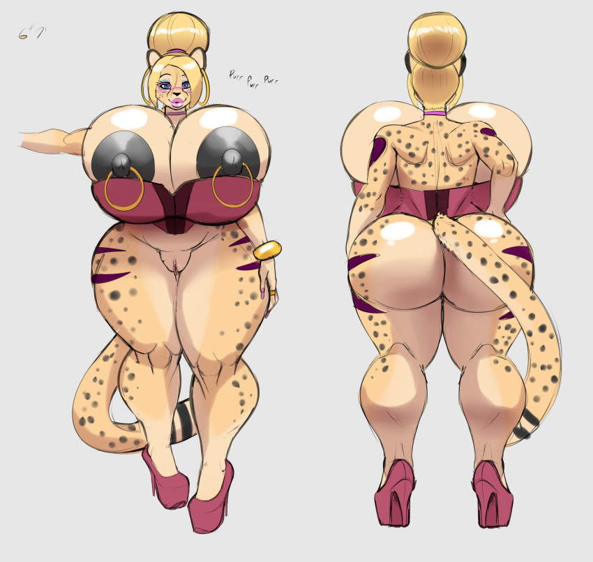 anthro ass betsibi big_breasts big_butt breasts cheetah clothing colored_sketch curvaceous felid feline female footwear high_heels huge_breasts looking_at_viewer makeup mammal nipple_piercing nipples piercing plankboy platform_footwear platform_heels pussy shoes smile solo standing thick_thighs