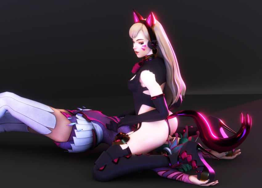 3d alternate_costume asphyxiation black_cat_d.va blonde_hair cat_ear_headphones cat_ears d.va facesitting female female_only gifdoozer's_black_cat_d.va headphones ilymei mercy overwatch smothering sugar_plum_fairy_mercy whisker_markings yuri