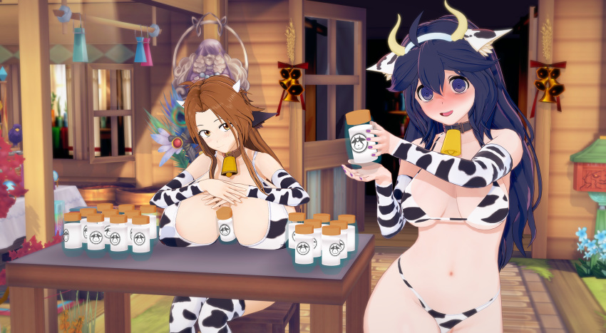 2girls 3d alternate_breast_size alternate_outfit animal_ears bell between_breasts big_breasts blush bottle breasts chair cleavage clothed collar cow_bikini cow_ears cow_girl cow_horns cow_print cowbell embarrassed hex_maniac horns huge_breasts koikatsu looking_at_viewer mattie_(matsu-sensei) milk original_character pokemon pokemon_xy sitting skimpy_clothes standing table wide_hips witchanon