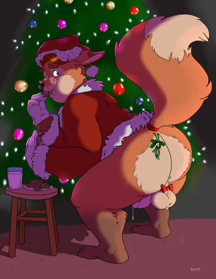 2018 anthro balls bottomless bravo canid canine christmas clothed clothing cum disney eating eyewear fox gideon_grey glasses hair hat holidays holly_(plant) humanoid_penis male male_only mammal mistletoe penis plant santa_hat santa_suit slightly_chubby solo standing zootopia