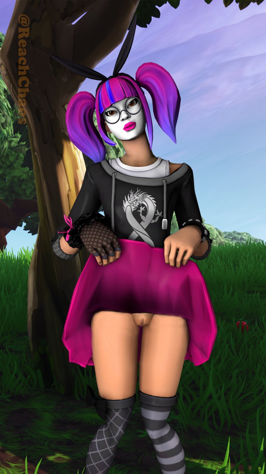 1girls 3d brown_eyes female_only flashing fortnite glasses lace_(fortnite) purple_hair pussy reachchaos stockings tagme