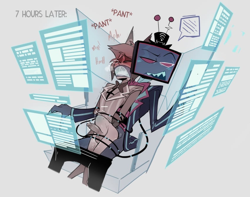 2boys alastor_(hazbin_hotel) blush bondage cock_warming cockwarming craxkers erection gagged gay hazbin_hotel hellaverse hours_later ignoring male_only panting penis sitting sitting_on_chair sitting_on_lap stomach_bulge vox_(hazbin_hotel) yaoi