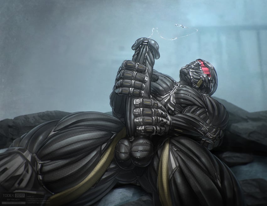 2017 alcatraz_(crysis) anthro armor balls big_penis crysis cybernetics cyborg erection hi_res huge_cock humanoid long_penis lying machine male male_only masturbation muscular muscular_male nanosuit nude on_back penis precum robotic solo todex